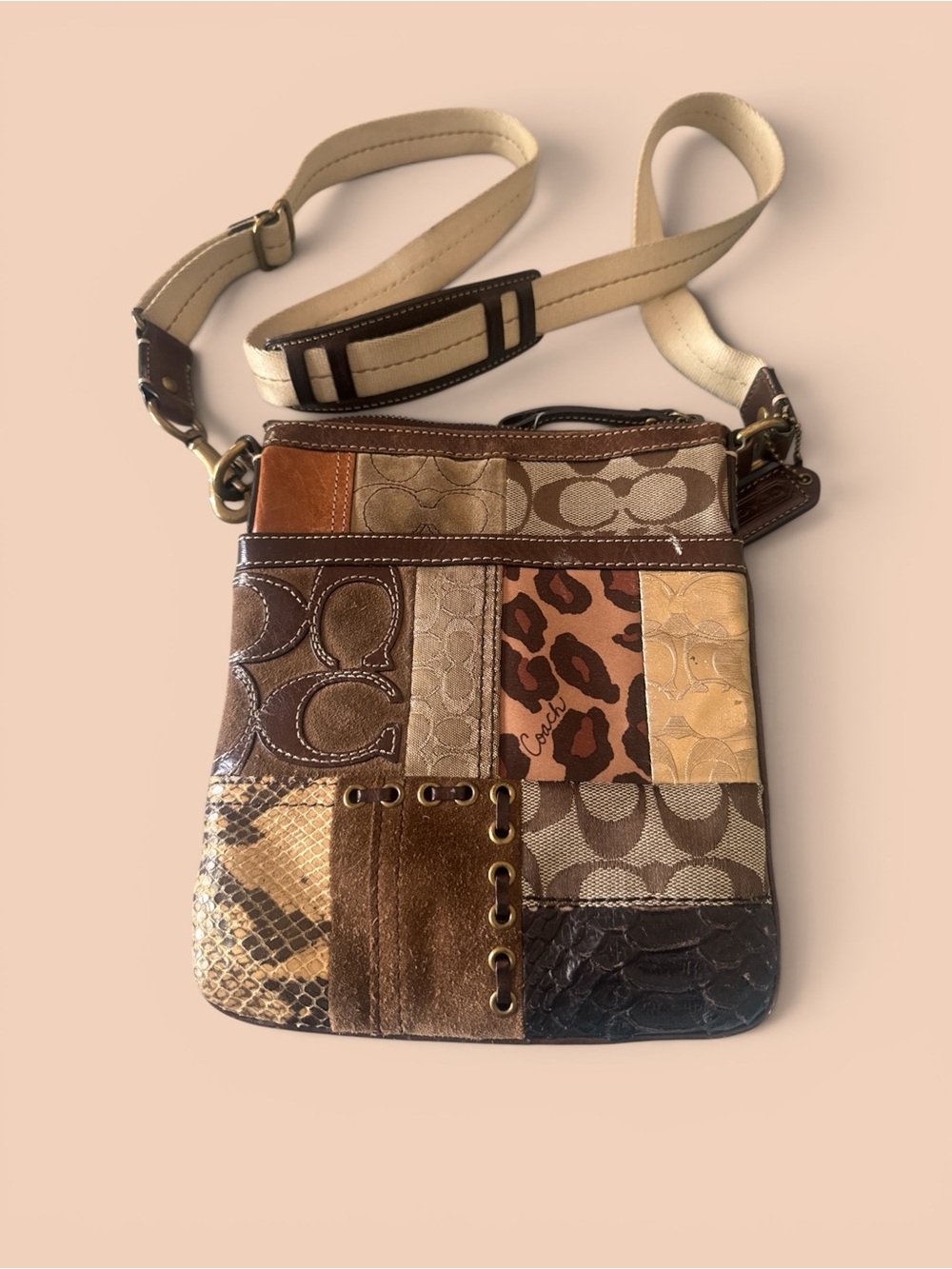 Coach Patchwork Crossbody Bag in Brown and Tan Tones